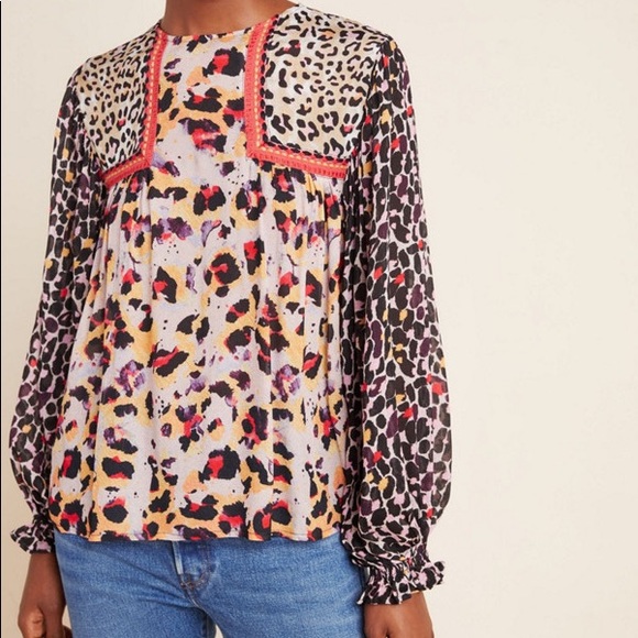 Anthropologie Tops - Anthropologie Joelle Leopard Peasant Blouse XL